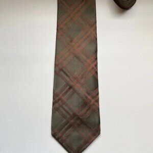Vintage XMI Umbria Green Brown Plaid Silk Tie rustic crosshatch autumn preppy